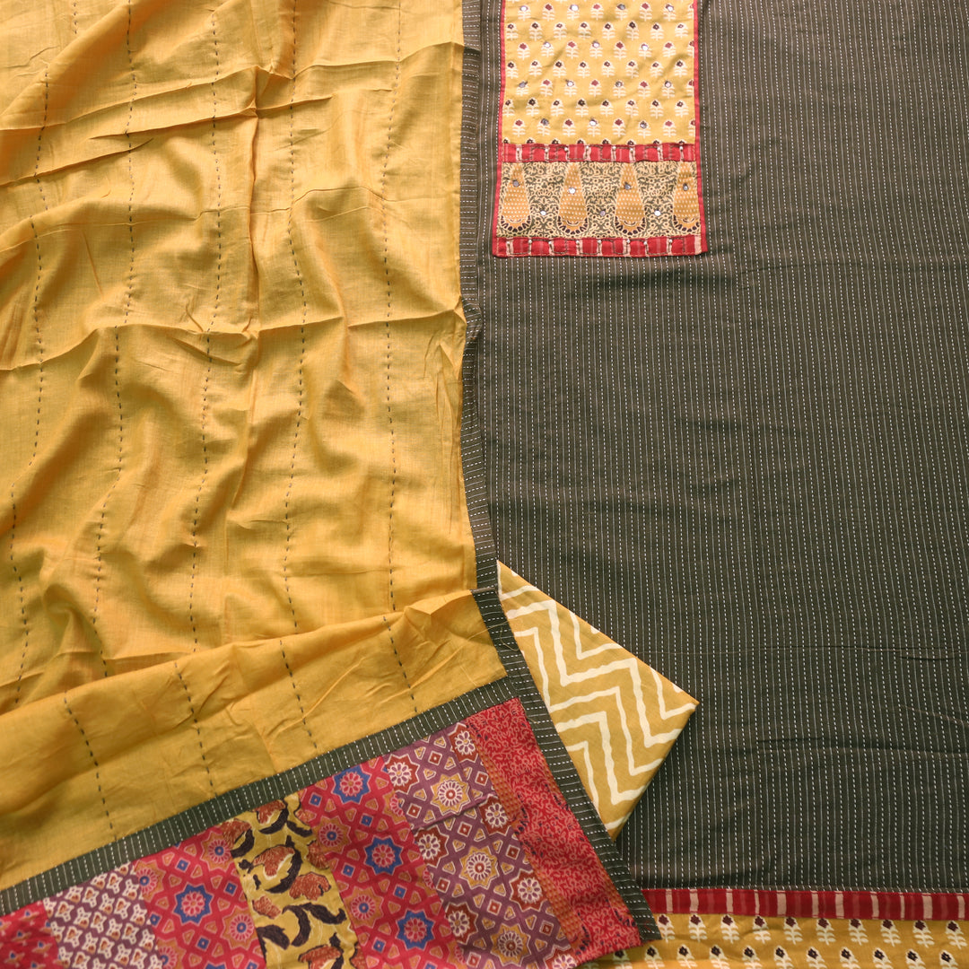 Barista Forest Green Patch Neck Work with Kantha Cotton Suit Set