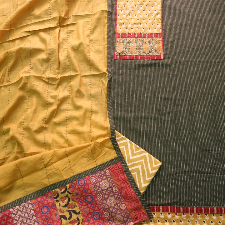 Barista Forest Green Patch Neck Work with Kantha Cotton Suit Set