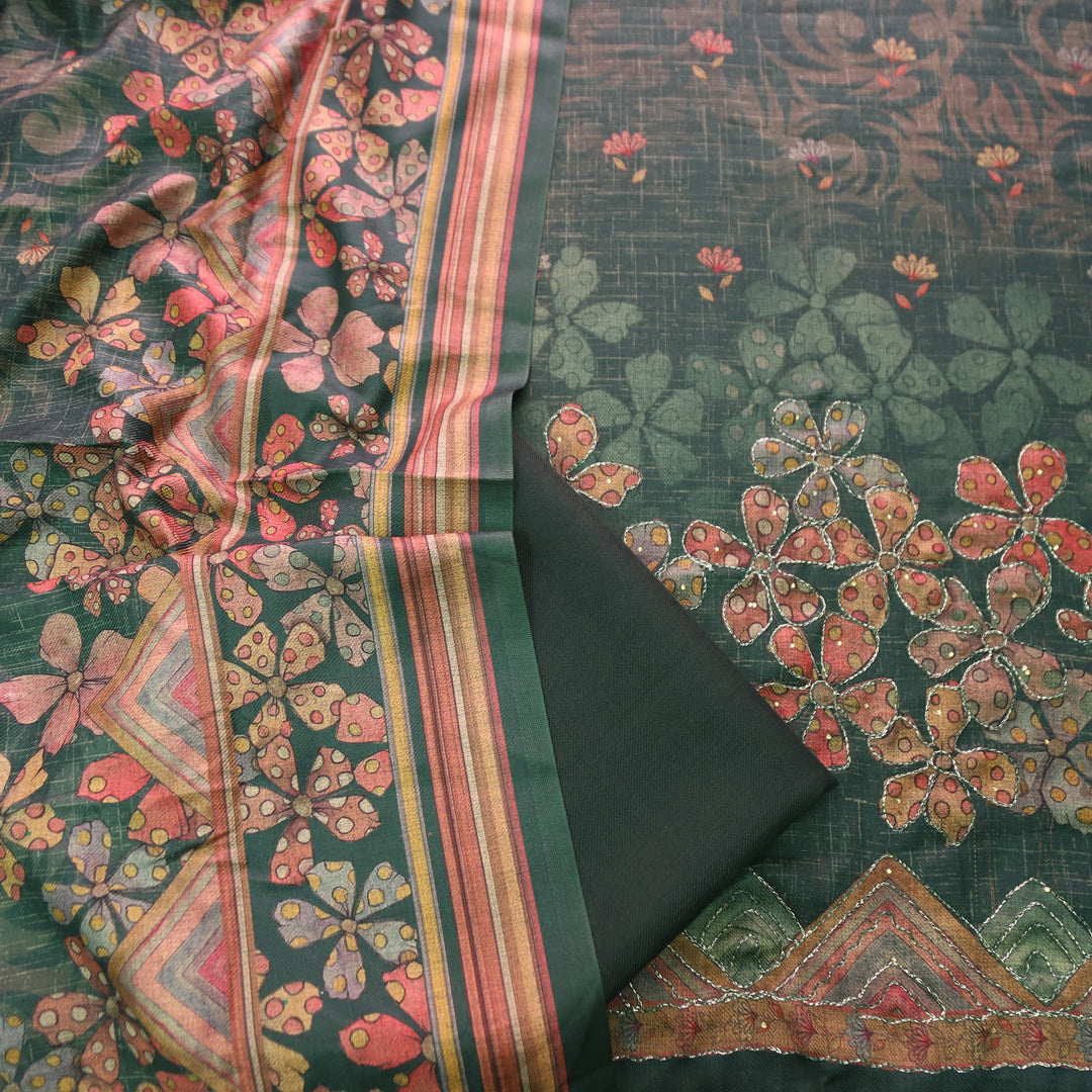 रावी Dark Green Floral Print with Chain Style Zari Semi Pashmina Winter Set