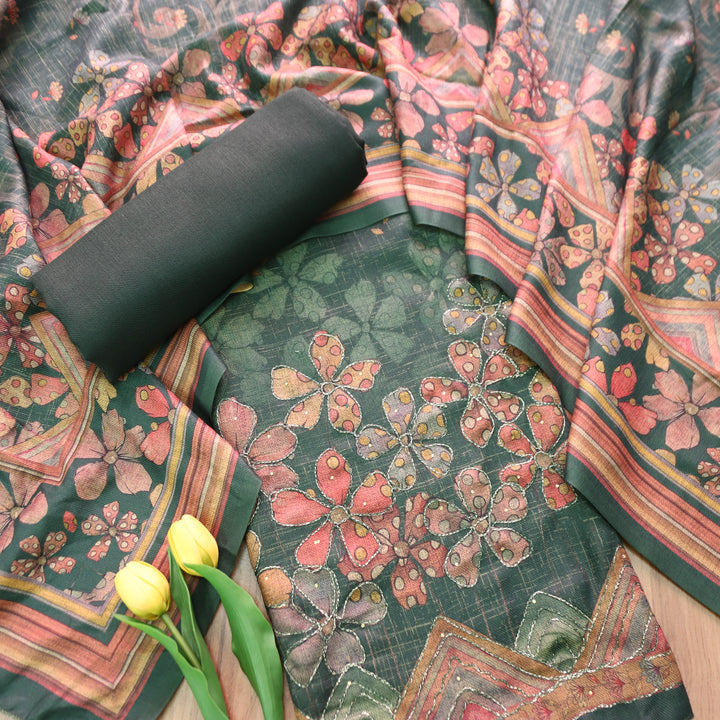 रावी Dark Green Floral Print with Chain Style Zari Semi Pashmina Winter Set