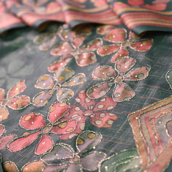 रावी Dark Green Floral Print with Chain Style Zari Semi Pashmina Winter Set