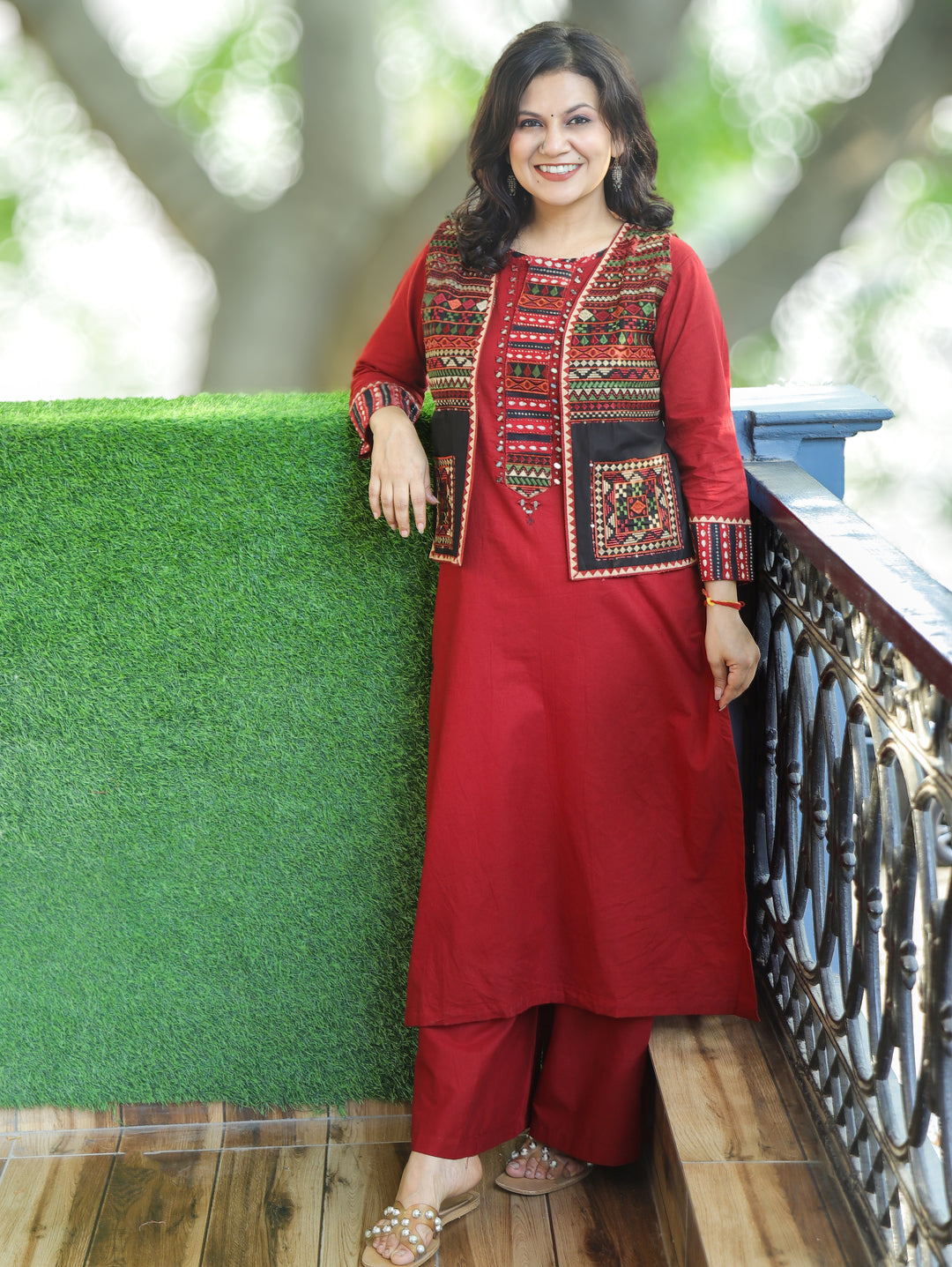 Rysa Cherry Red Cotton Jacket Sets