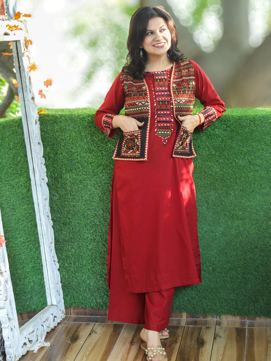 Rysa Cherry Red Cotton Jacket Sets