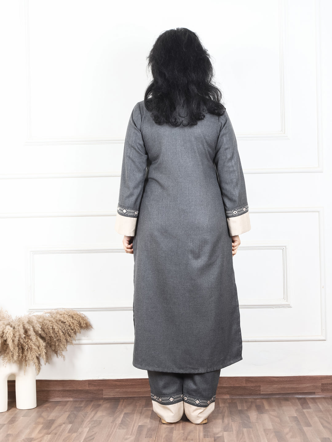 Khushboo Stone Grey Round Neck Patra and Embroidered Fleece Winter Kurti