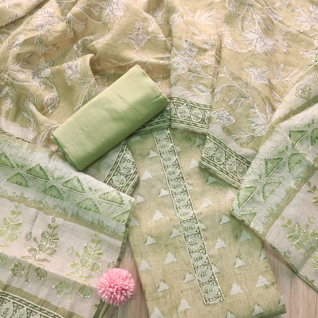 Alhada Mint Green Kantha Embroidery Digital Printed Chanderi Suit Set