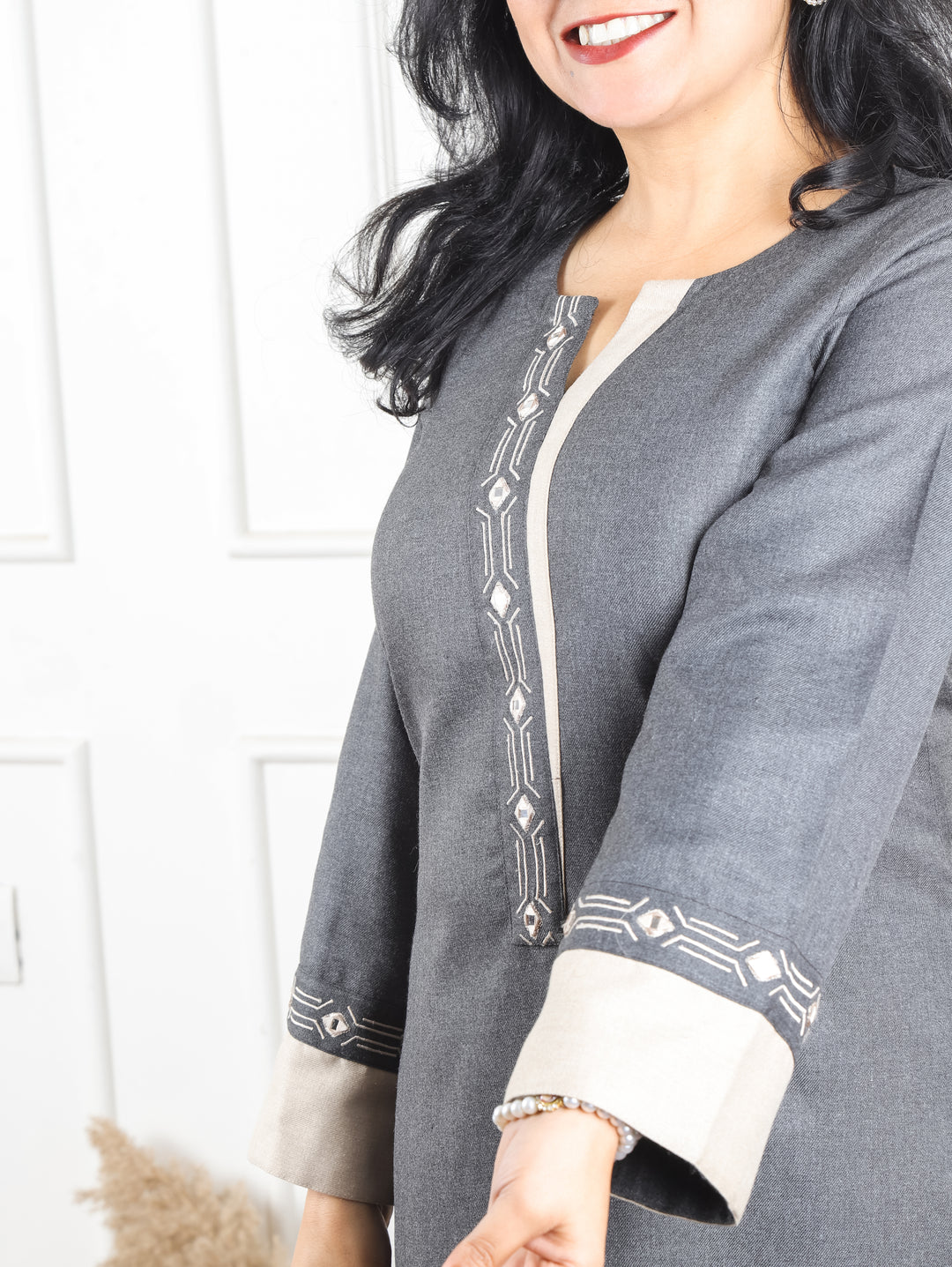 Khushboo Stone Grey Round Neck Patra and Embroidered Fleece Winter Kurti