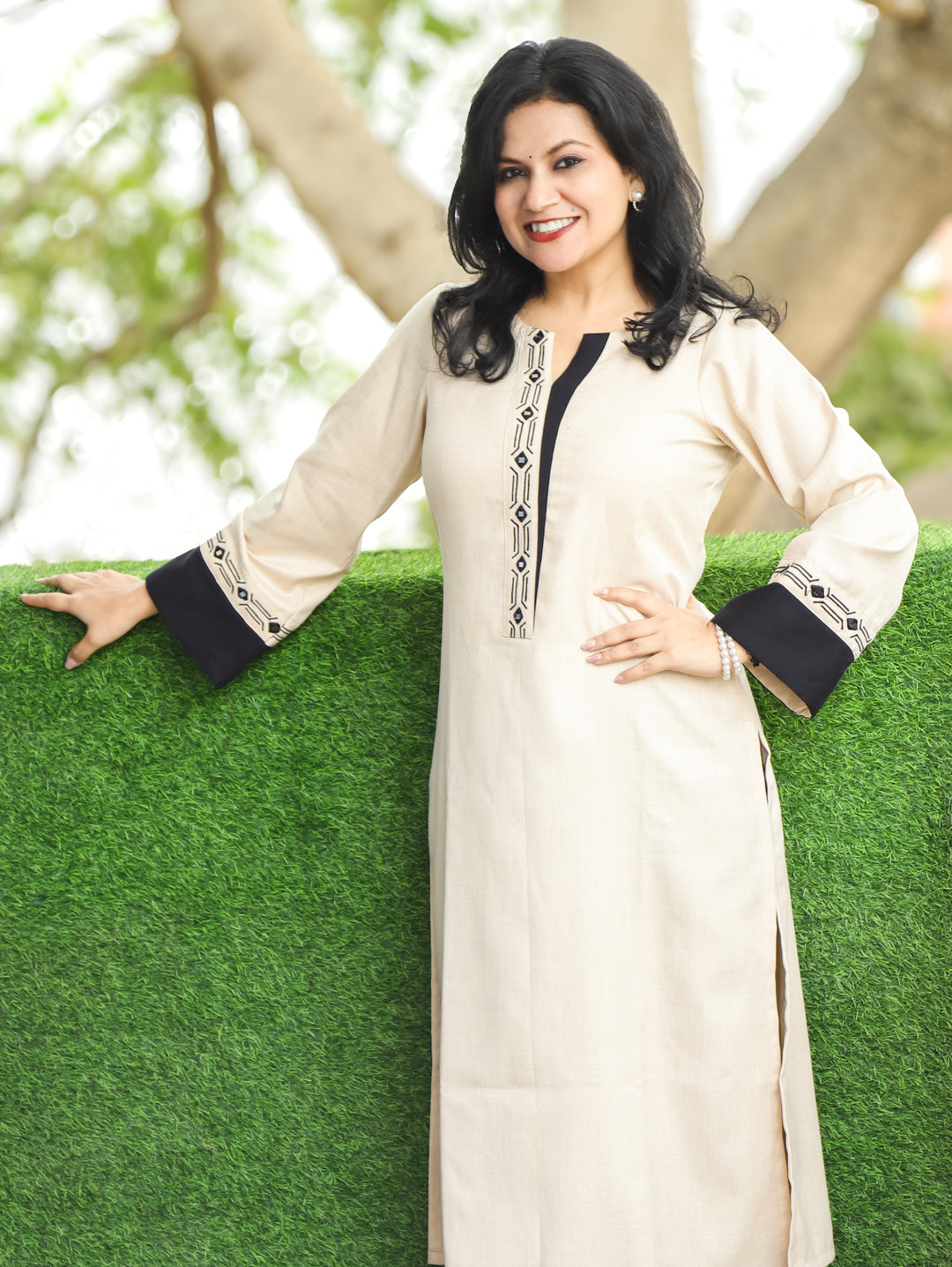Khusboo Shell White Round Neck Patra and Embroidered Fleece Winter Kurti