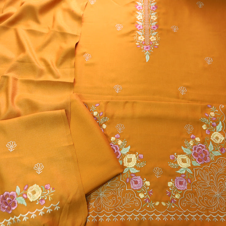 Saverhi Dandelion Yellow Thread Embroidered Semi Pashmina WInter Set