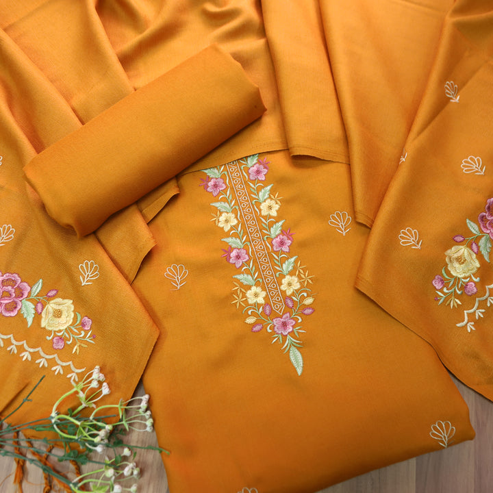 Saverhi Dandelion Yellow Thread Embroidered Semi Pashmina WInter Set