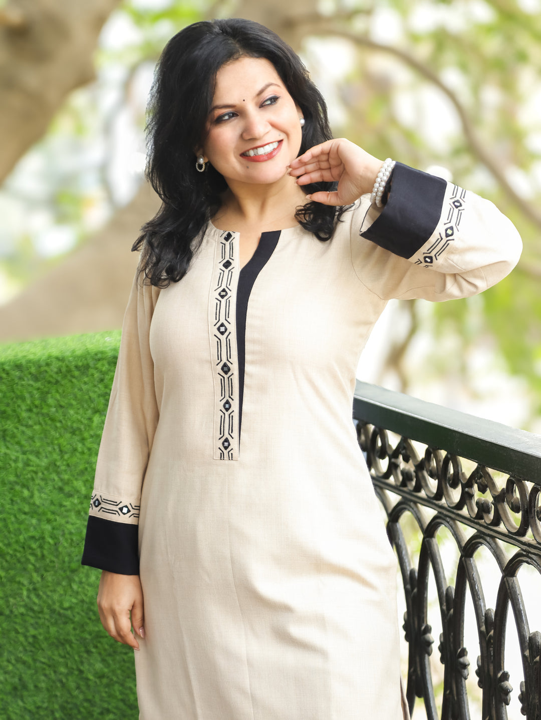 Khusboo Shell White Round Neck Patra and Embroidered Fleece Winter Kurti