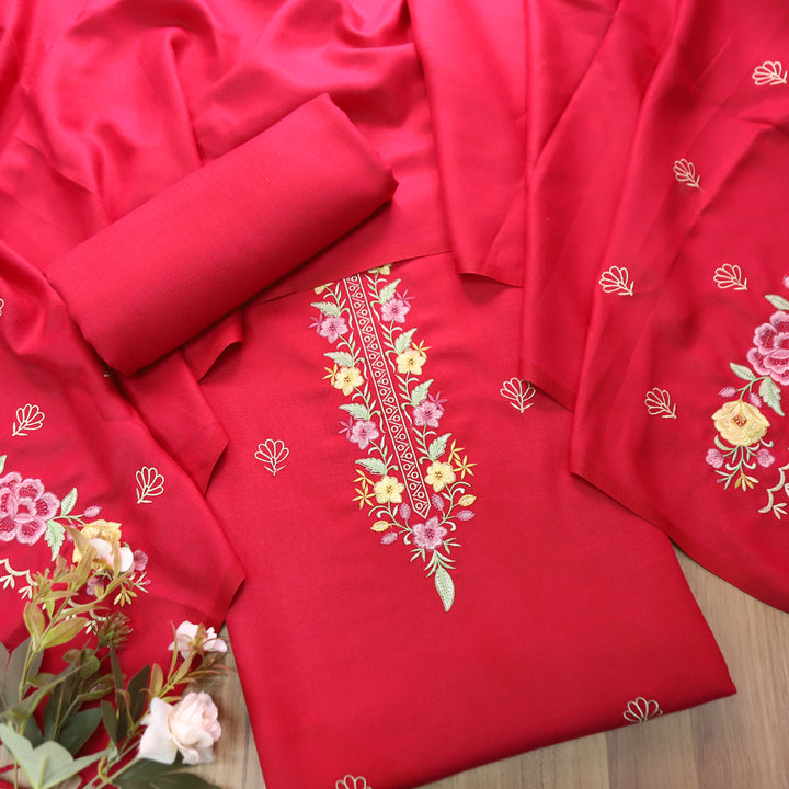 Saverhi Rani Pink Thread Embroidered Semi Pashmina WInter Set