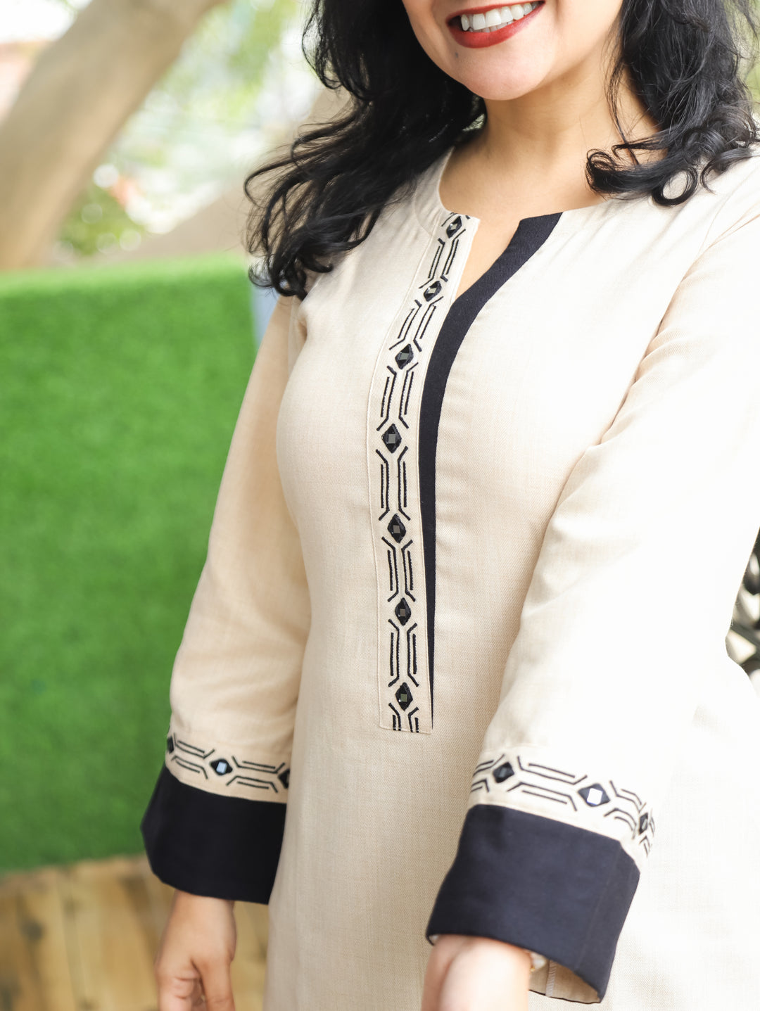 Khusboo Shell White Round Neck Patra and Embroidered Fleece Winter Kurti