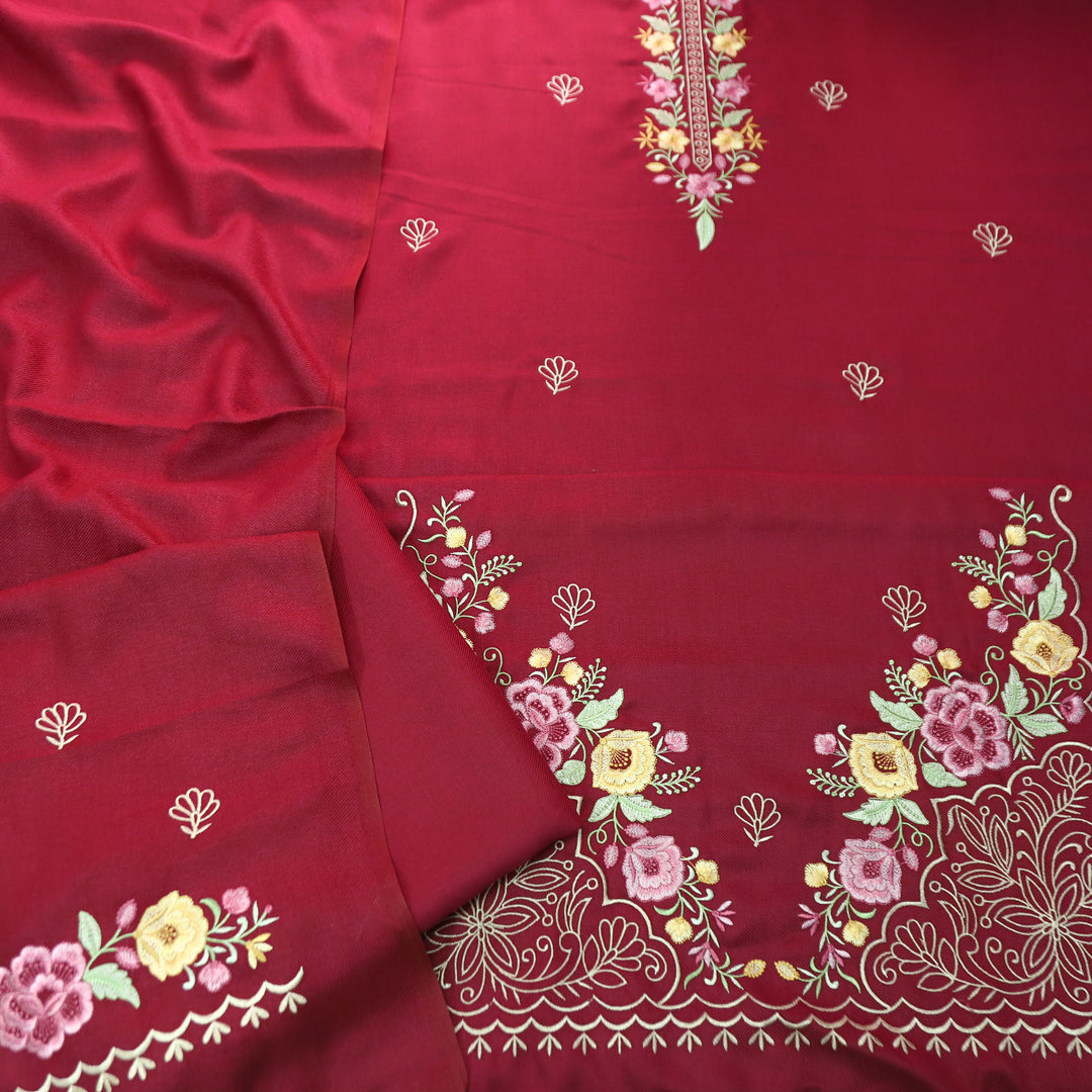 Saverhi Burgundy Wine Thread Embroidered Semi Pashmina WInter Set