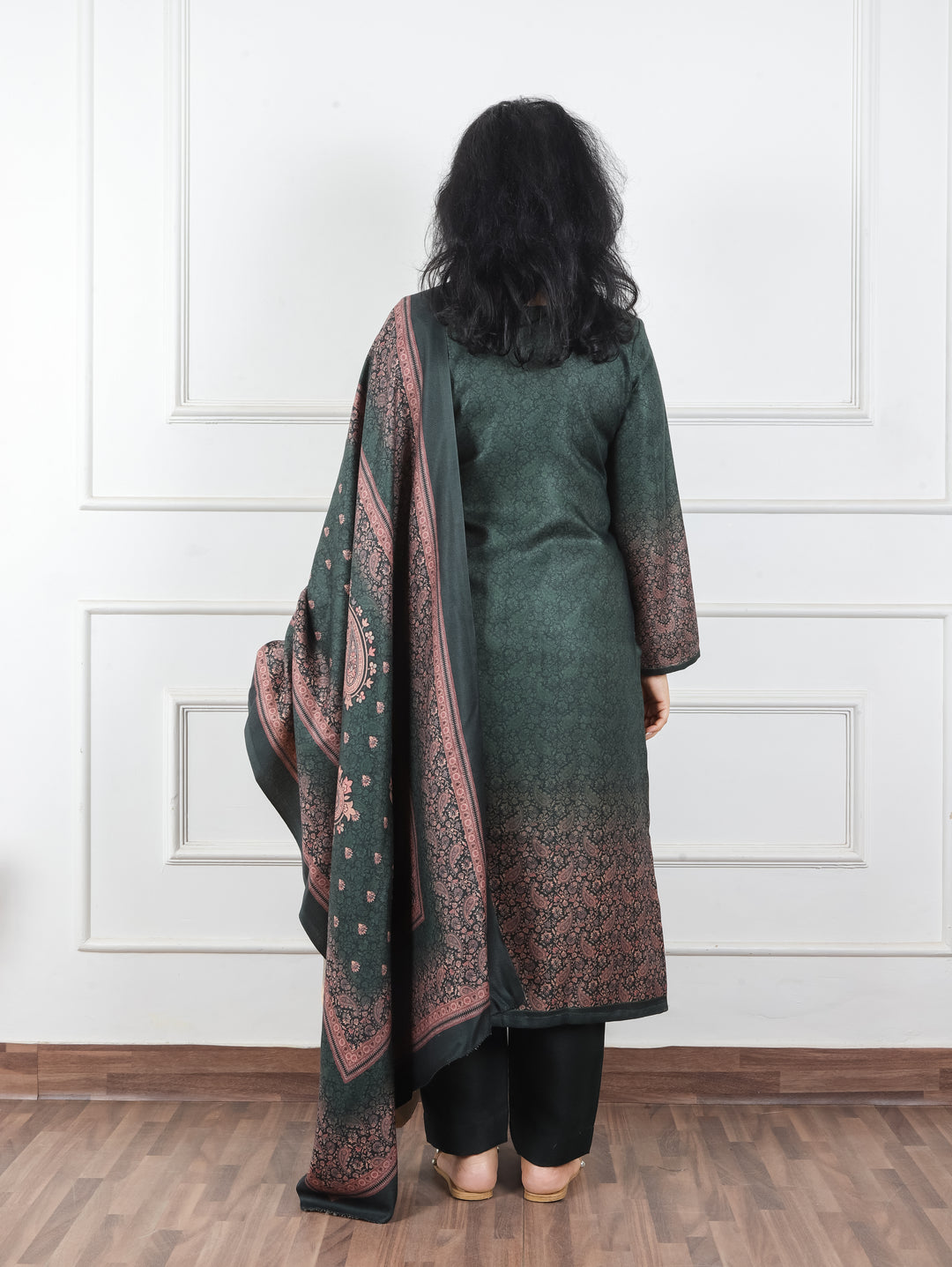 Meenakshi Dark Green Elegant Digital Printed Semi Pashmina Winter 3 Piece Set