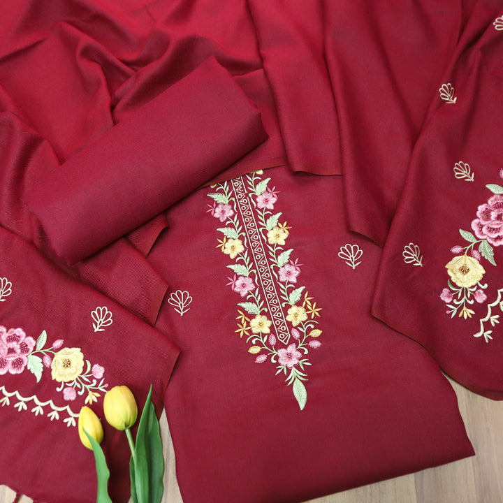 Saverhi Burgundy Wine Thread Embroidered Semi Pashmina WInter Set