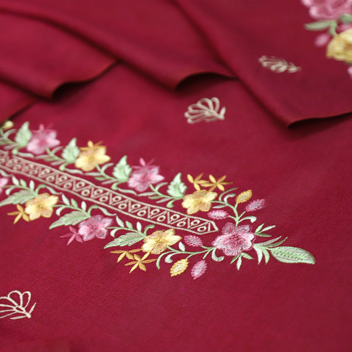 Saverhi Burgundy Wine Thread Embroidered Semi Pashmina WInter Set