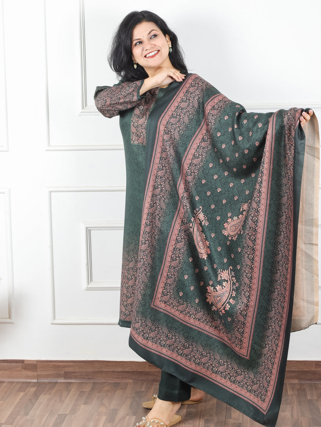 Meenakshi Dark Green Elegant Digital Printed Semi Pashmina Winter 3 Piece Set