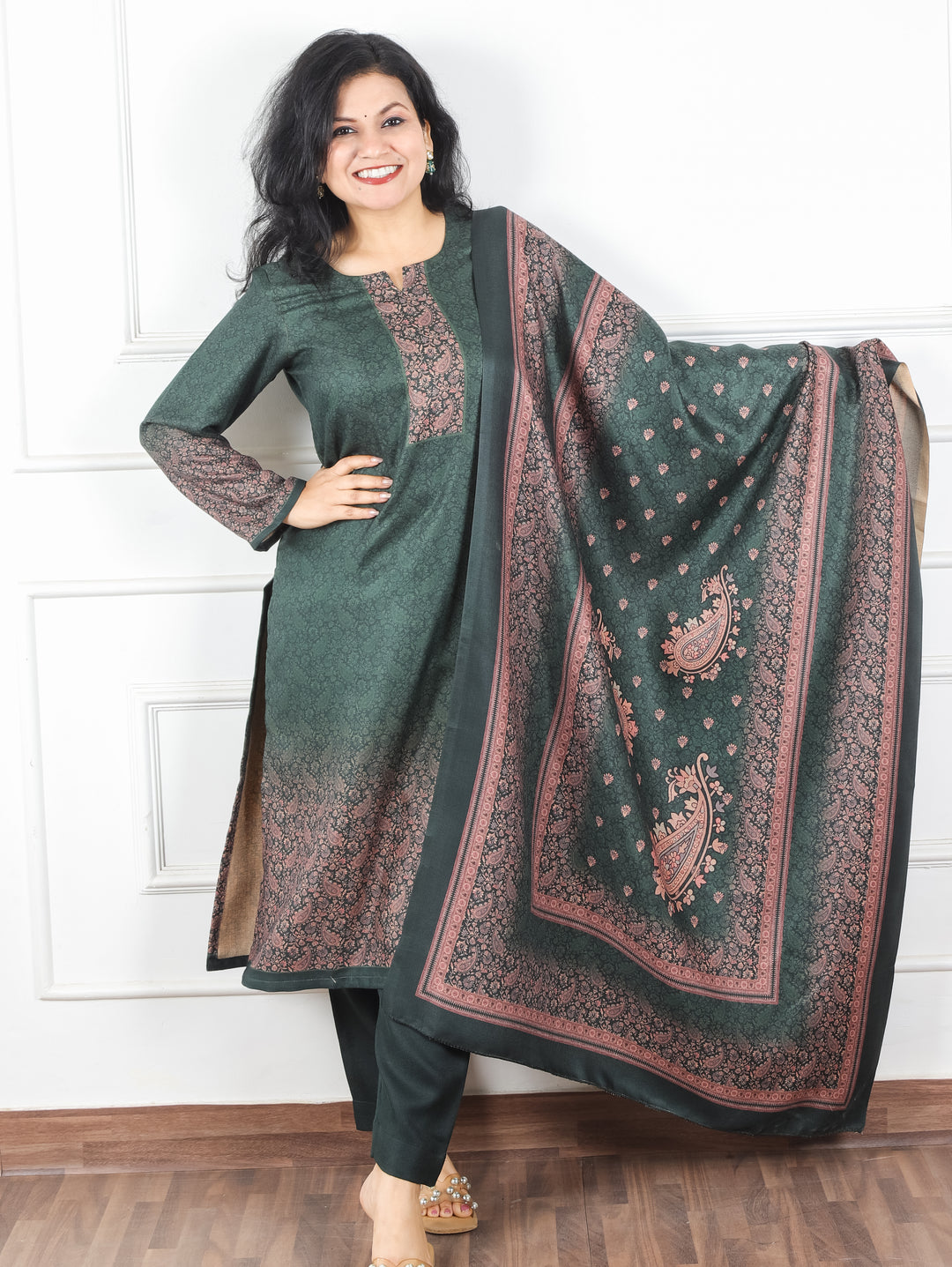 Meenakshi Dark Green Elegant Digital Printed Semi Pashmina Winter 3 Piece Set