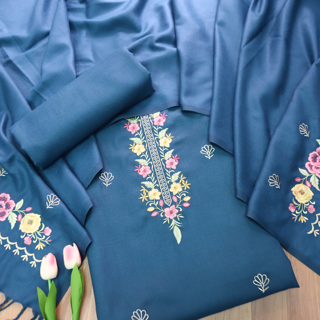 Saverhi Sapphire Blue Thread Embroidered Semi Pashmina WInter Set