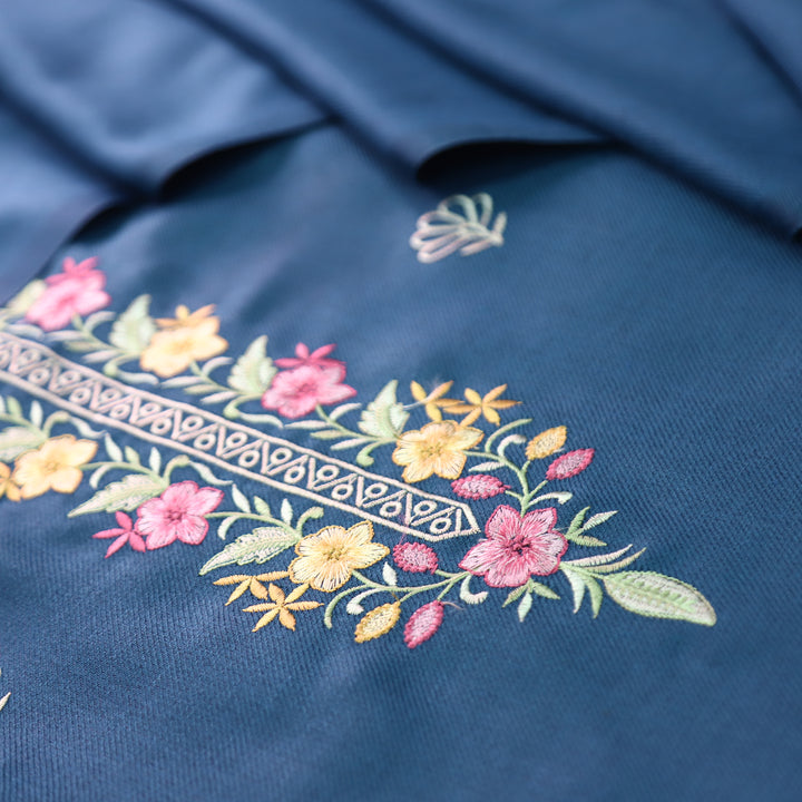 Saverhi Sapphire Blue Thread Embroidered Semi Pashmina WInter Set