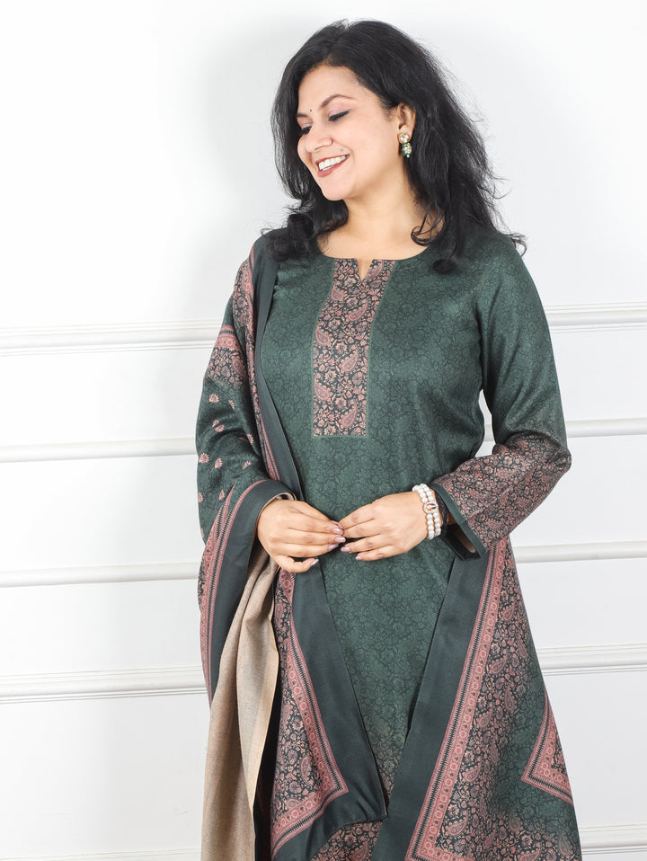 Meenakshi Dark Green Elegant Digital Printed Semi Pashmina Winter 3 Piece Set