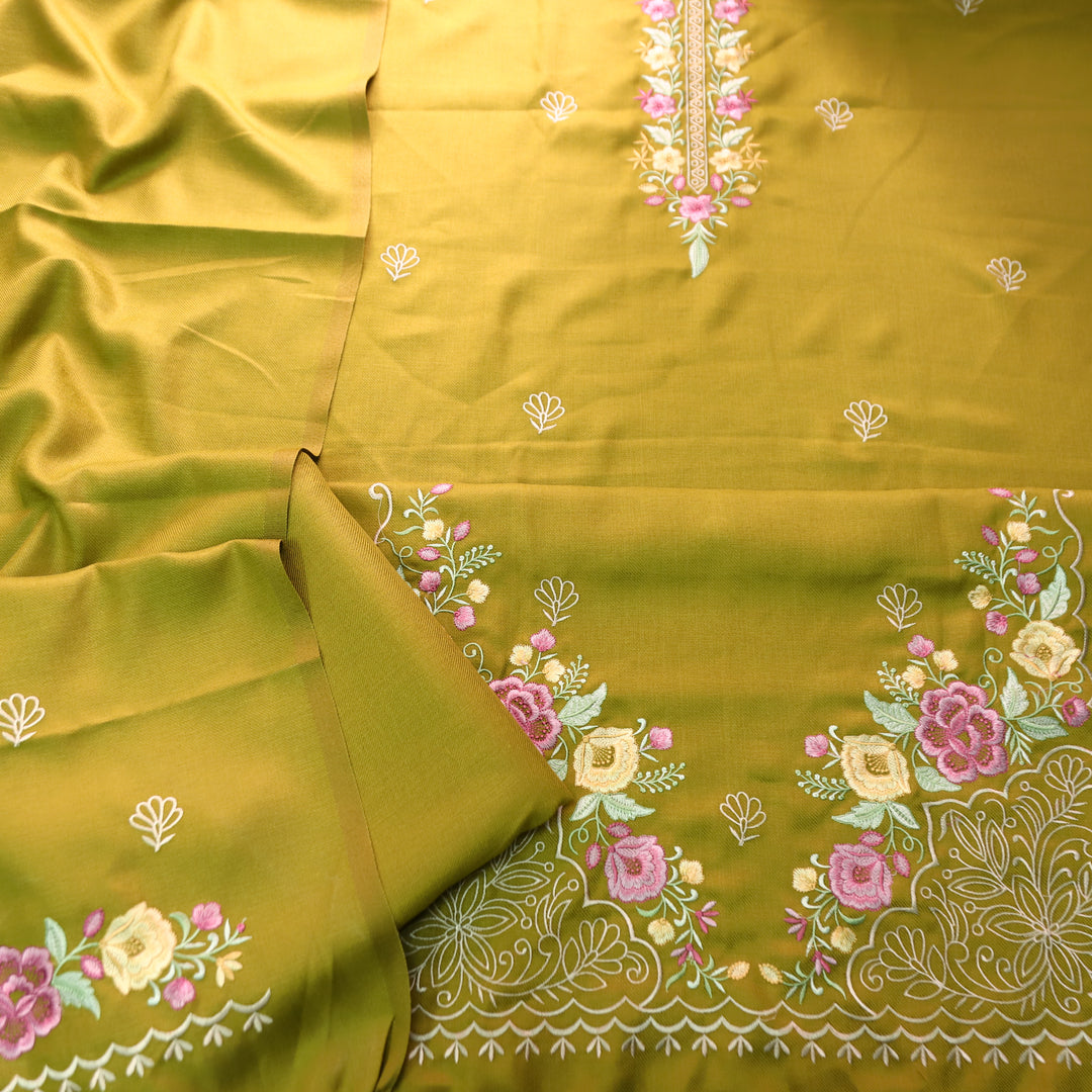 Saverhi Parrot Green Thread Embroidered Semi Pashmina WInter Set