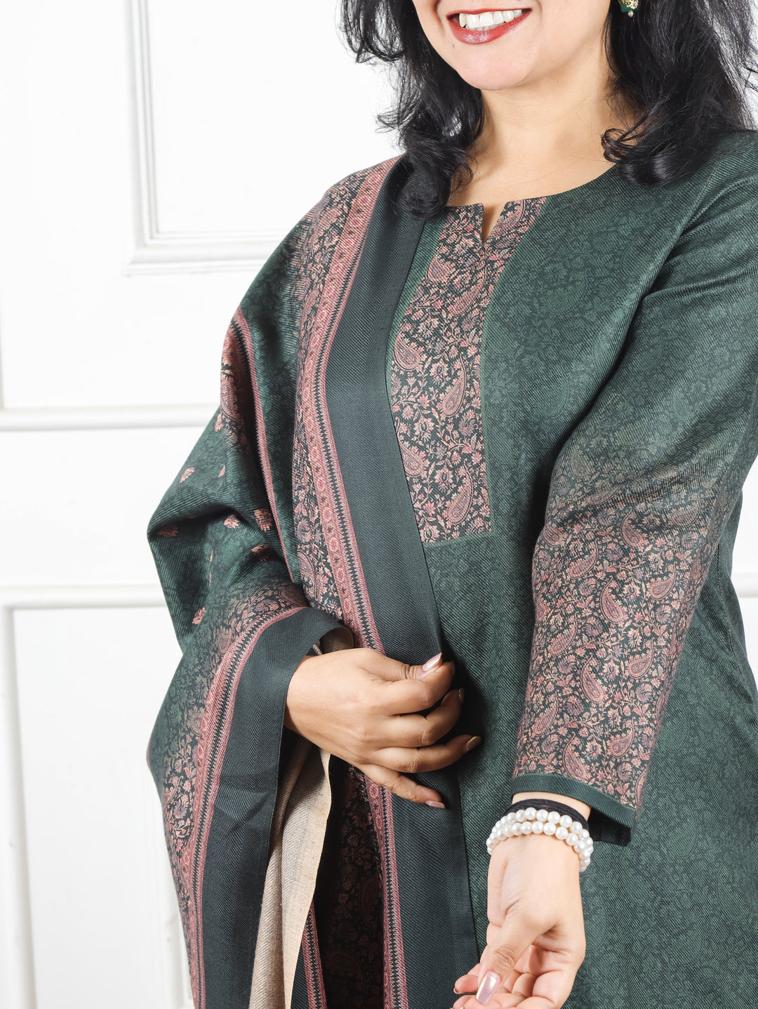 Meenakshi Dark Green Elegant Digital Printed Semi Pashmina Winter 3 Piece Set