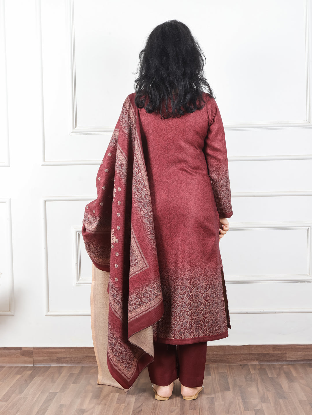 Meenakshi Maroon Red Elegant Digital Printed Semi Pashmina Winter 3 Piece Set