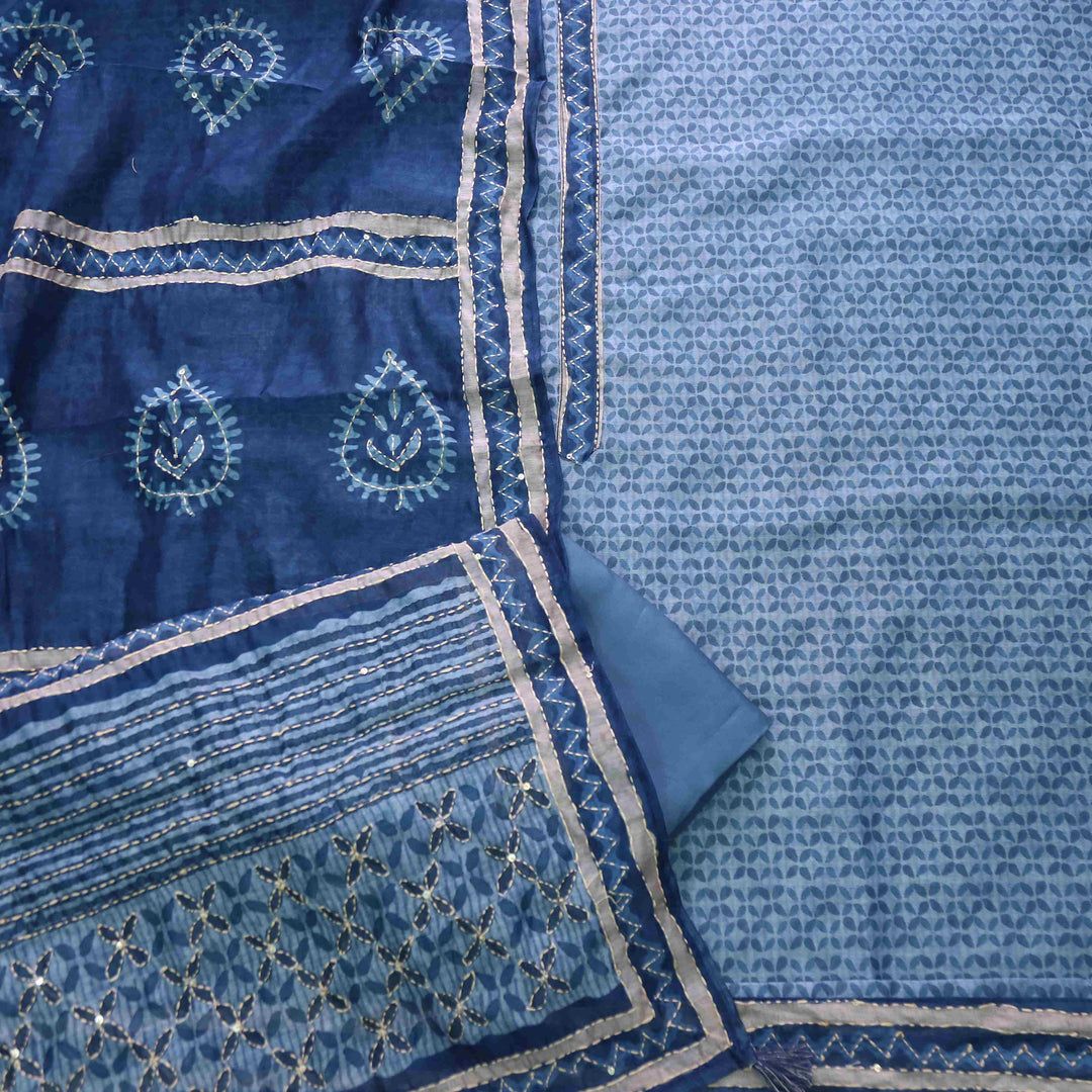 Alhada Cerulean Blue Kantha Embroidery Digital Printed Chanderi Suit Set