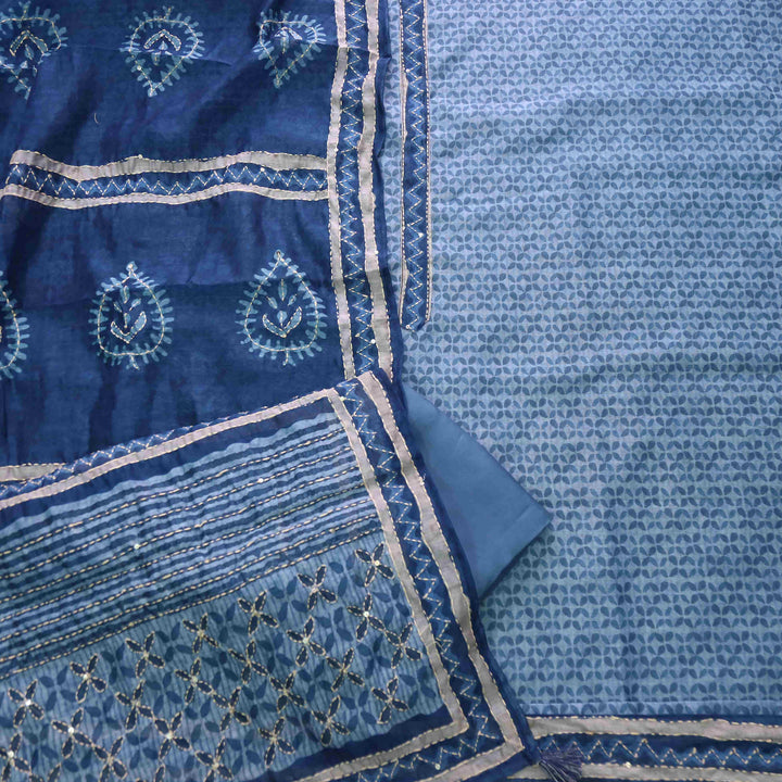 Alhada Cerulean Blue Kantha Embroidery Digital Printed Chanderi Suit Set