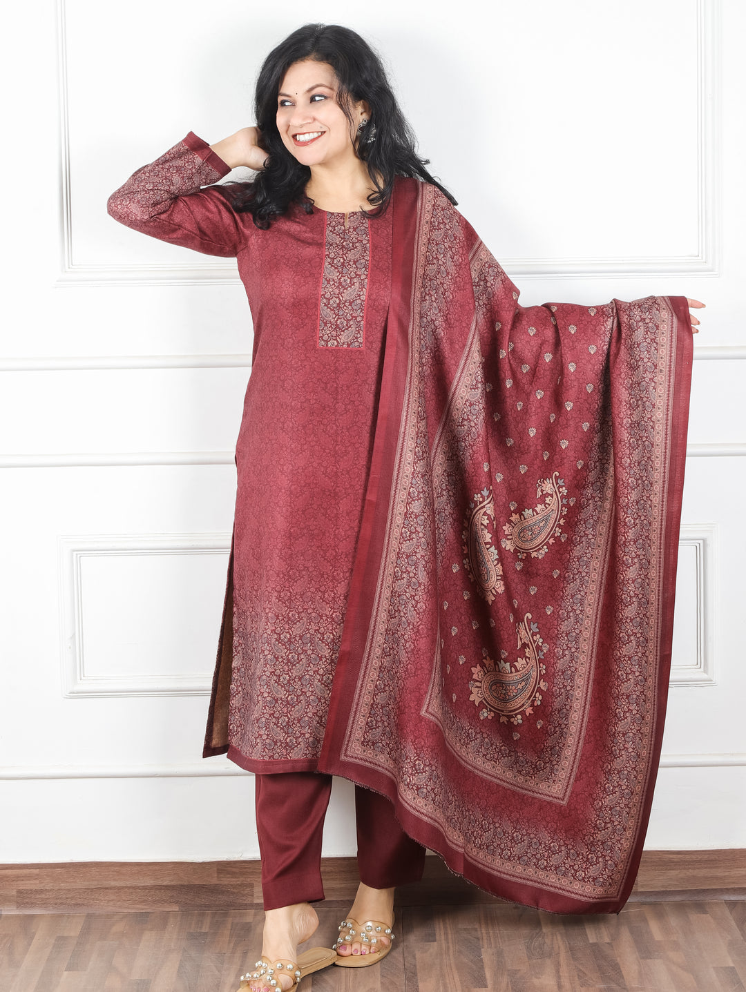 Meenakshi Maroon Red Elegant Digital Printed Semi Pashmina Winter 3 Piece Set