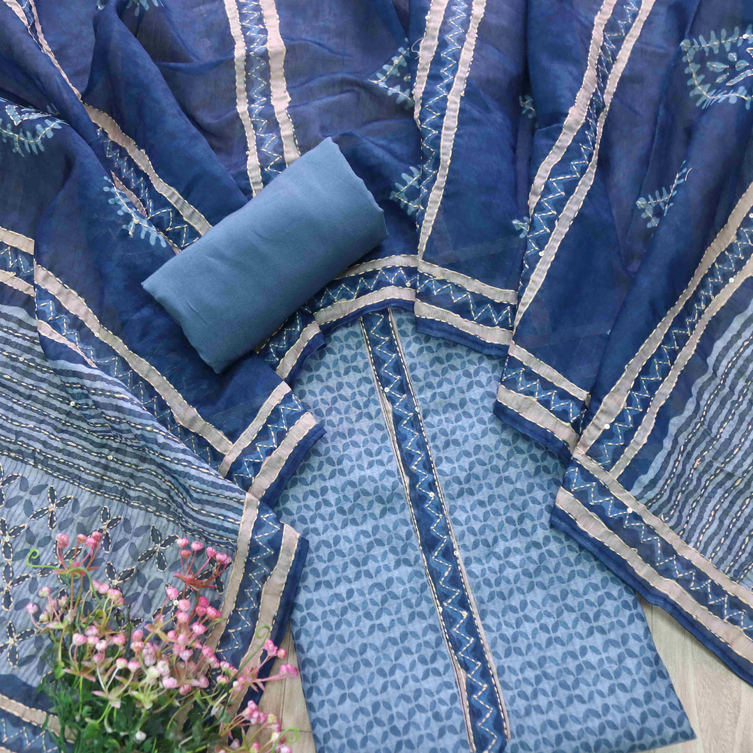 Alhada Cerulean Blue Kantha Embroidery Digital Printed Chanderi Suit Set
