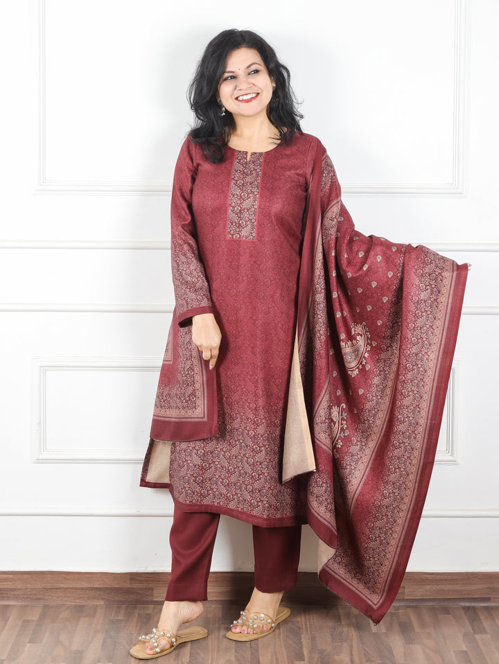 Meenakshi Maroon Red Elegant Digital Printed Semi Pashmina Winter 3 Piece Set