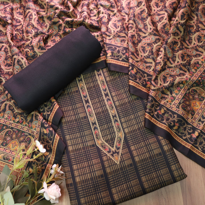 Rukhsat Faded Black Check Printed Semi Pashmina Winter Set