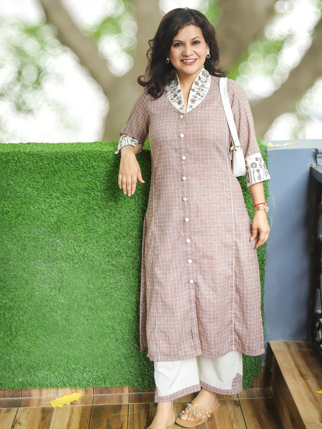Kiara Coffee Beige Embroidered Collar Smart Linen Co-ord Set