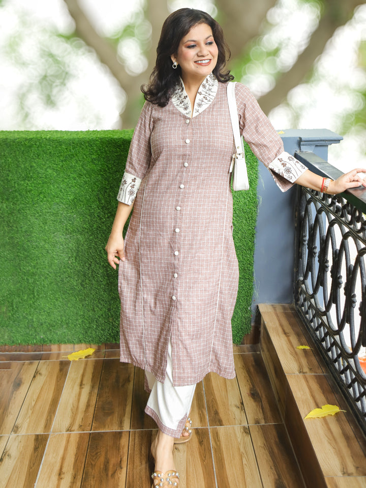 Kiara Coffee Beige Embroidered Collar Smart Linen Co-ord Set