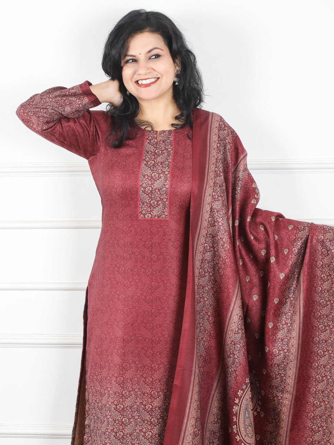 Meenakshi Maroon Red Elegant Digital Printed Semi Pashmina Winter 3 Piece Set