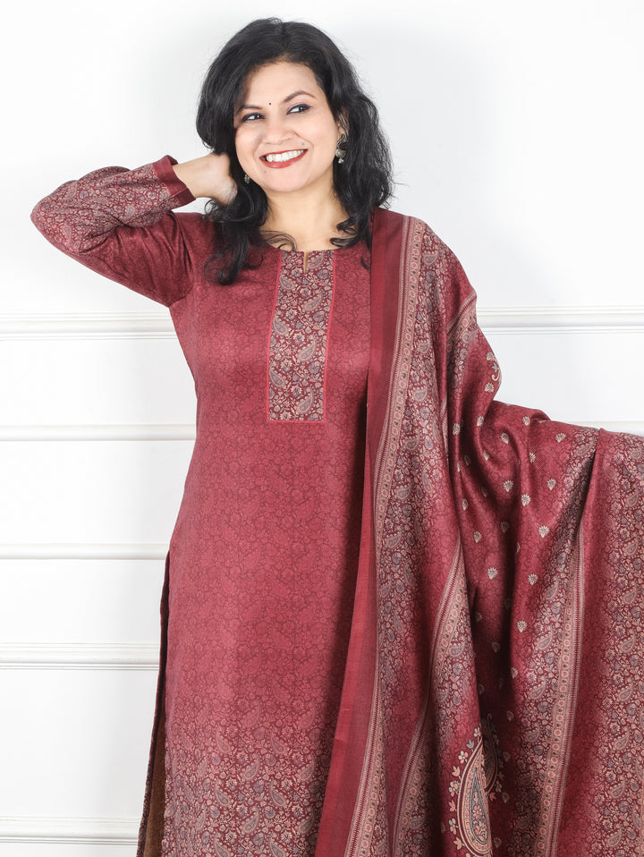 Meenakshi Maroon Red Elegant Digital Printed Semi Pashmina Winter 3 Piece Set