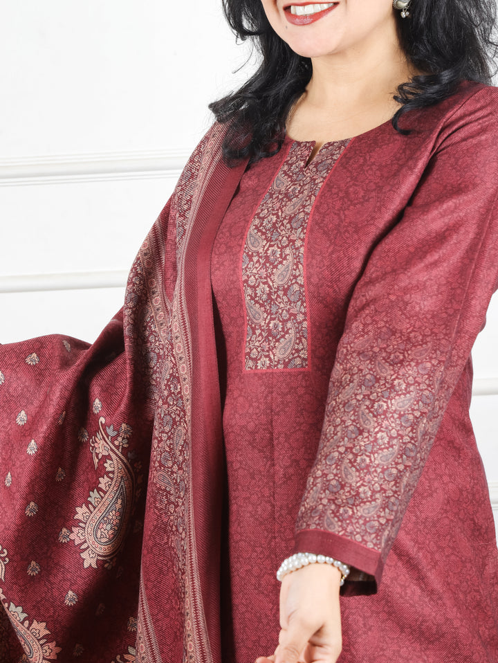 Meenakshi Maroon Red Elegant Digital Printed Semi Pashmina Winter 3 Piece Set