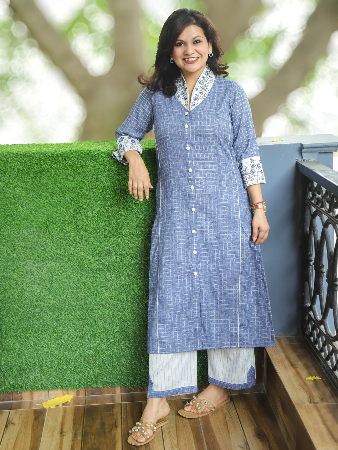 Kiara Denim Blue Embroidered Collar Smart Linen Co-ord Set