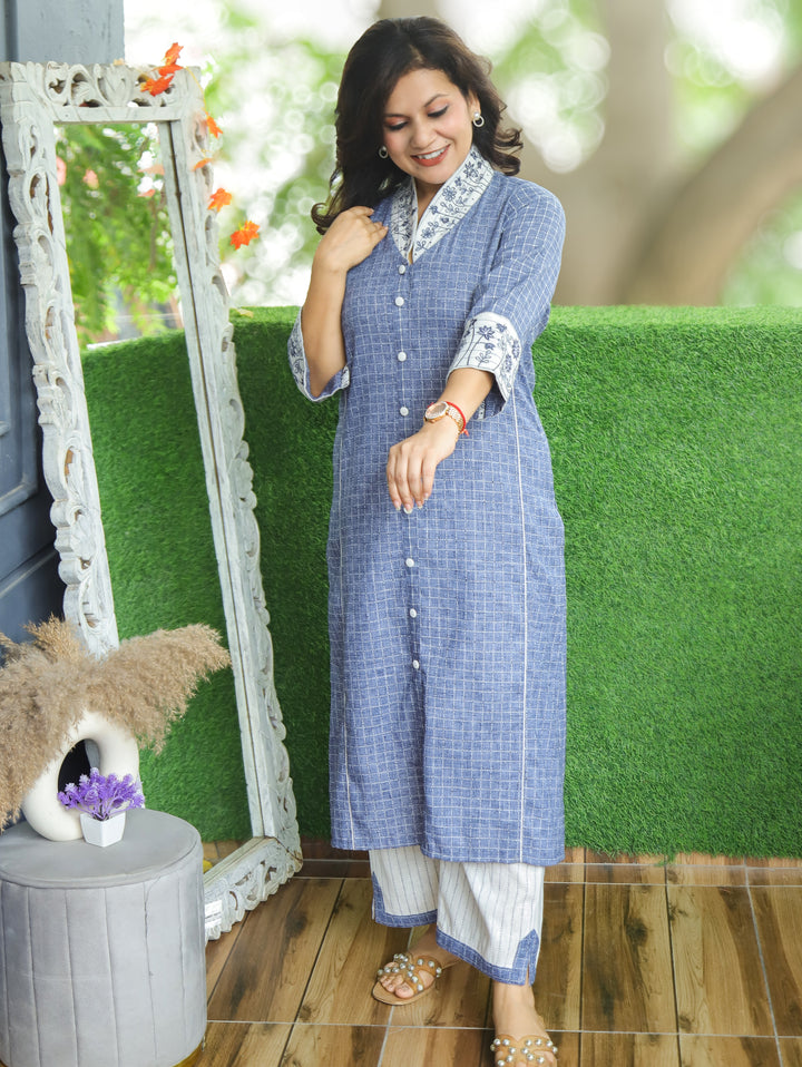 Kiara Denim Blue Embroidered Collar Smart Linen Co-ord Set