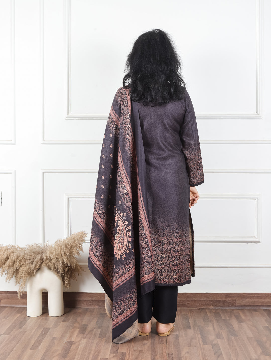 Meenakshi Ebony Black Elegant Digital Printed Semi Pashmina Winter 3 Piece Set