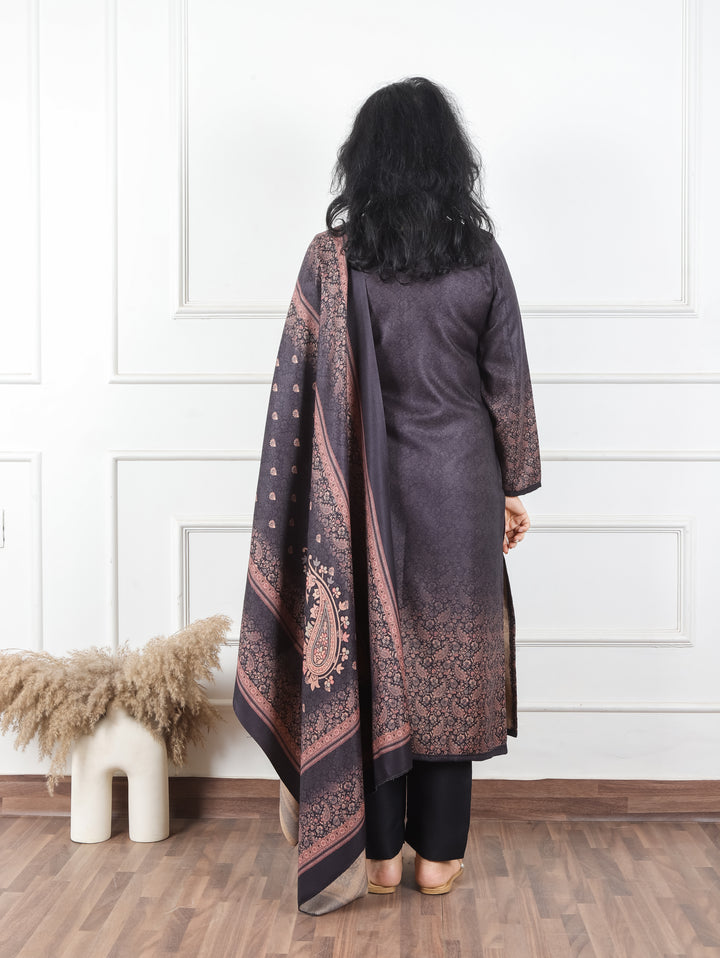 Meenakshi Ebony Black Elegant Digital Printed Semi Pashmina Winter 3 Piece Set