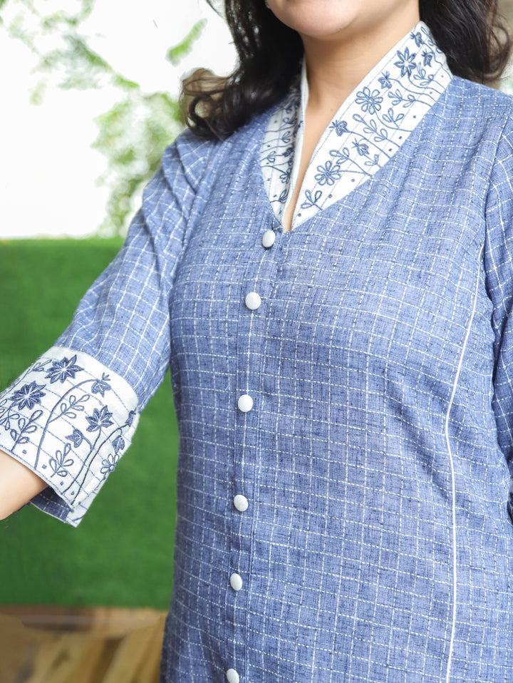 Kiara Denim Blue Embroidered Collar Smart Linen Co-ord Set