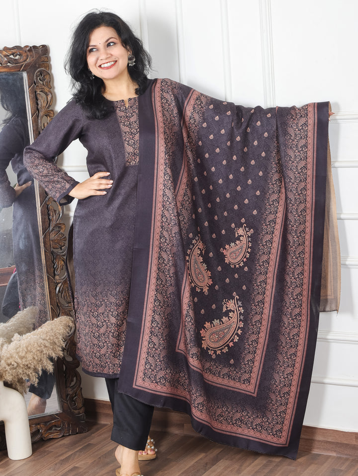 Meenakshi Ebony Black Elegant Digital Printed Semi Pashmina Winter 3 Piece Set
