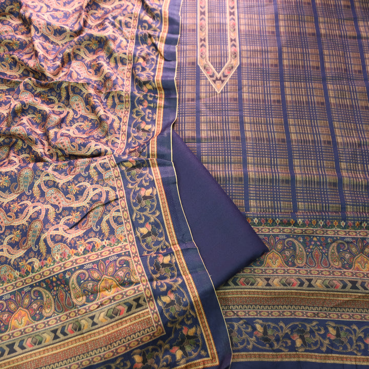 Rukhsat Navy Blue Check Printed Semi Pashmina Winter Set