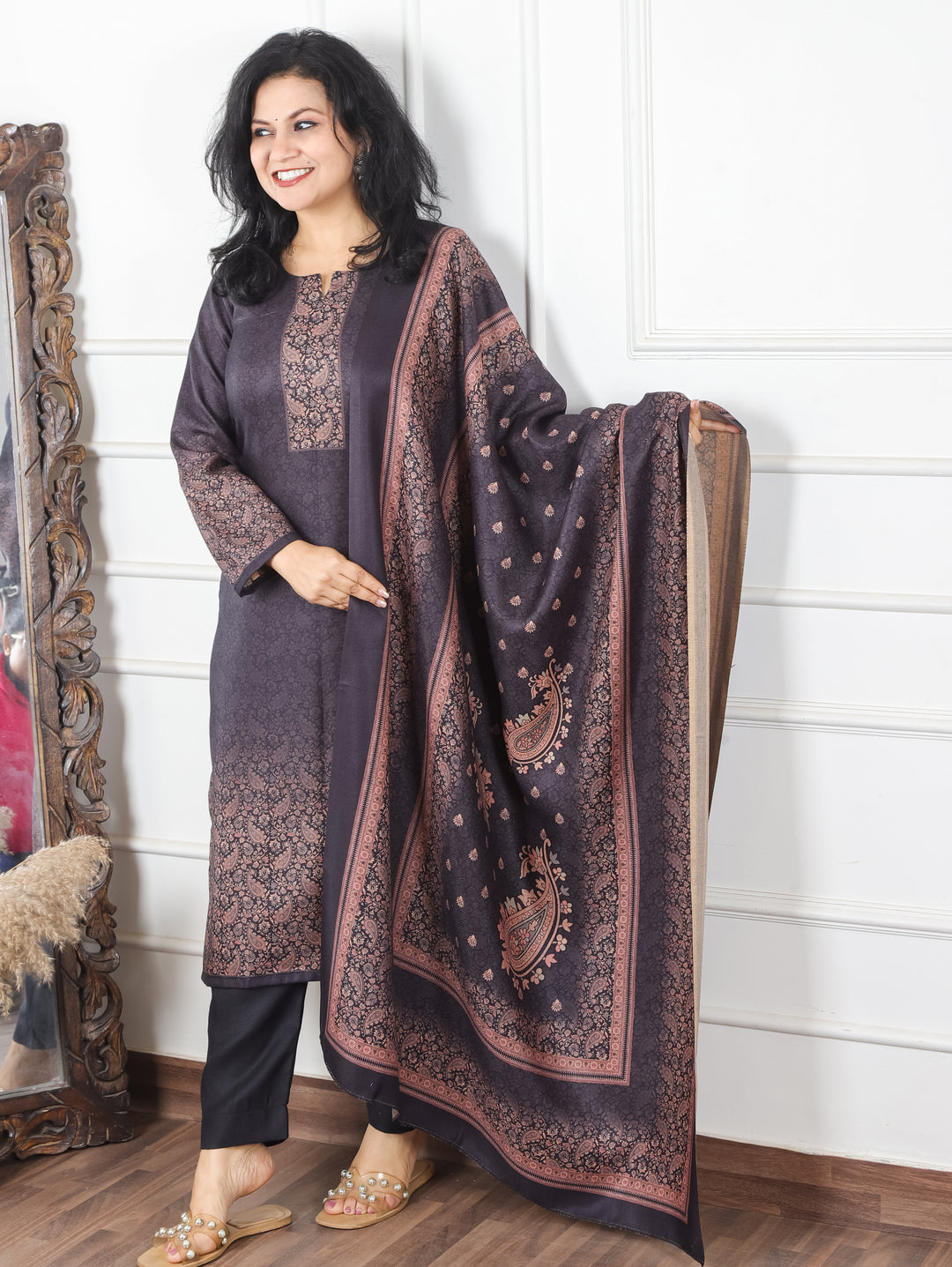 Meenakshi Ebony Black Elegant Digital Printed Semi Pashmina Winter 3 Piece Set