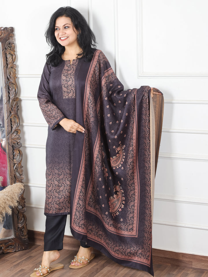 Meenakshi Ebony Black Elegant Digital Printed Semi Pashmina Winter 3 Piece Set