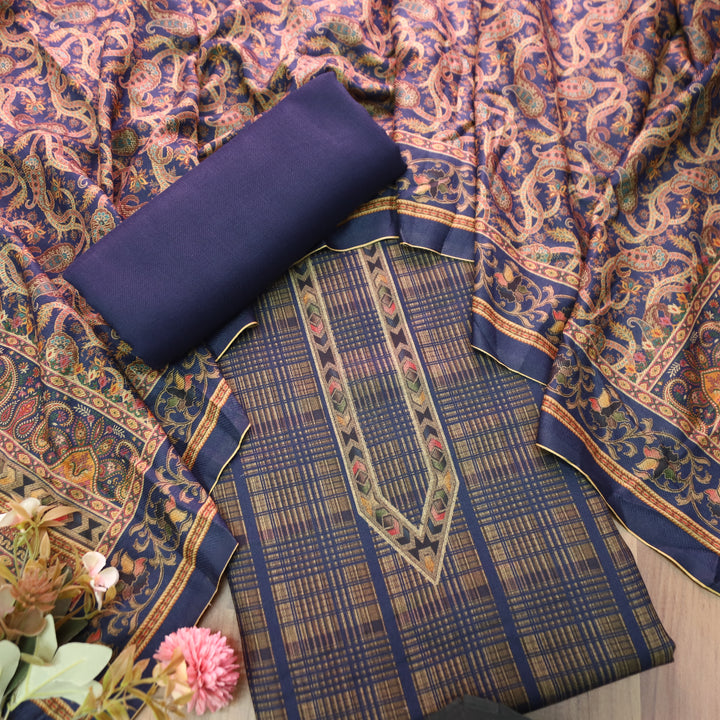 Rukhsat Navy Blue Check Printed Semi Pashmina Winter Set