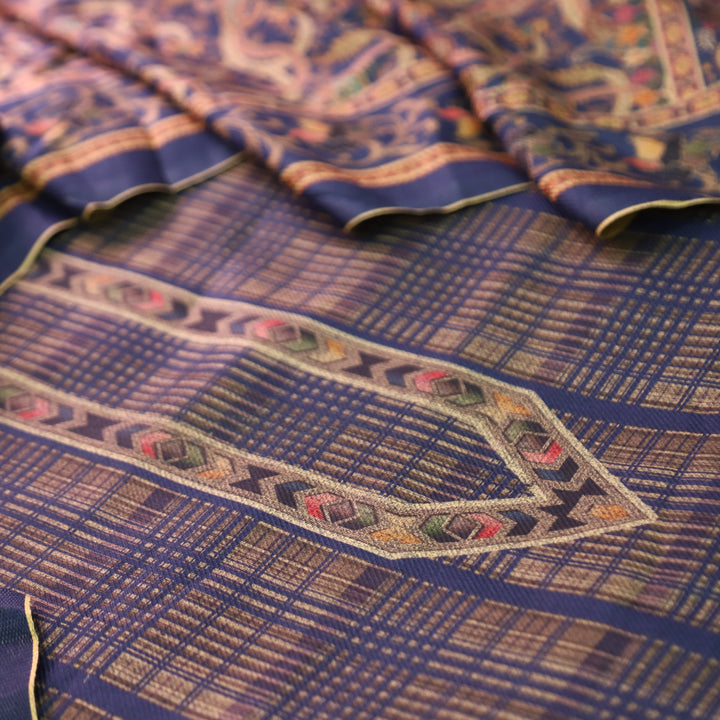 Rukhsat Navy Blue Check Printed Semi Pashmina Winter Set